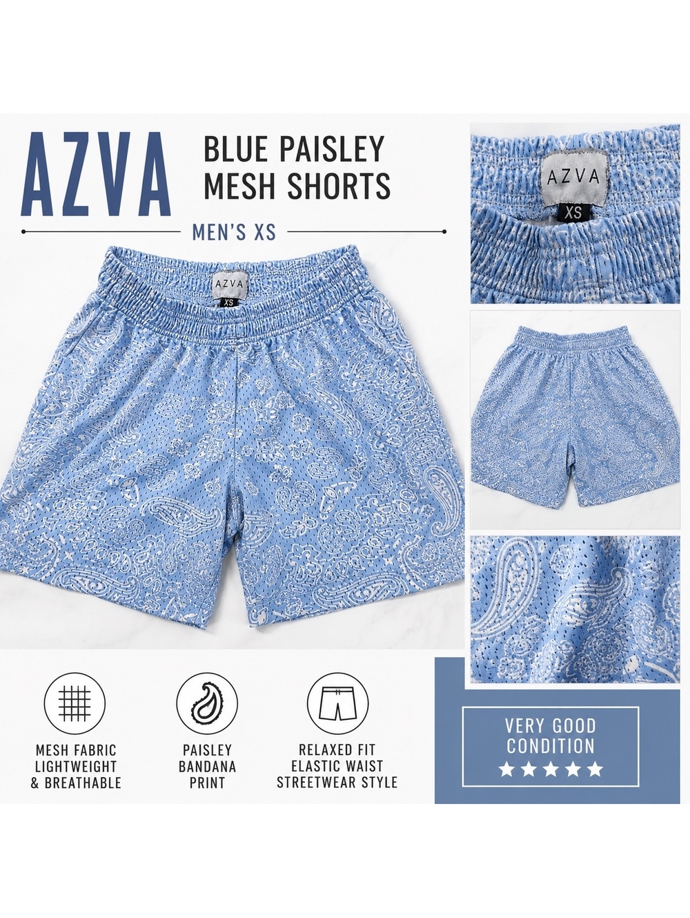 AZVA Blue Paisley Bandana Mesh Shorts Men’s XS Streetwear Y2K
